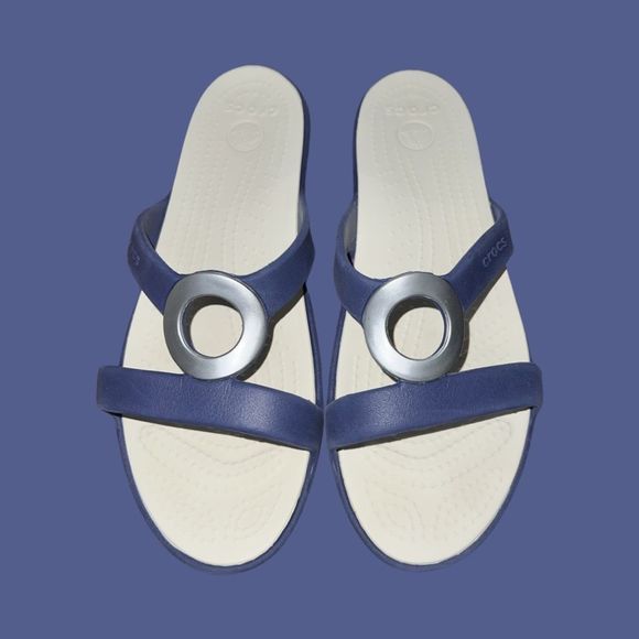 CROCS Sanrah Beveled Circle Sandal Blue Wedge Slip On Comfort Lightweight SZ. 10 - Picture 2 of 6
